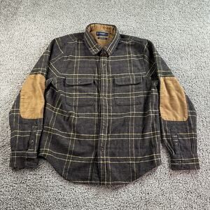 Lucky Brand Flannel Shirt Mens Small Brown Plaid Elbow Patch Wool Blend READ